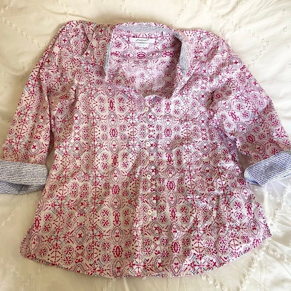Foxcroft fitted button up blouse 3/4 sleeve size 4 flip cuffs white pink blue - Picture 6 of 11